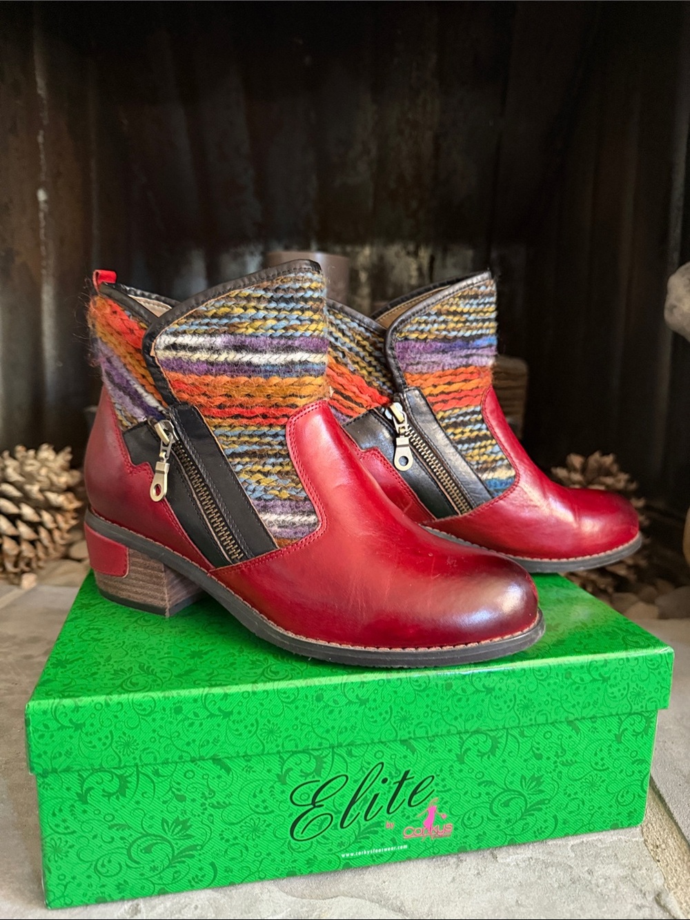 Elite by Corkys Kayla Red Leather Boho Southwestern Aztec Ankle Boots NWB